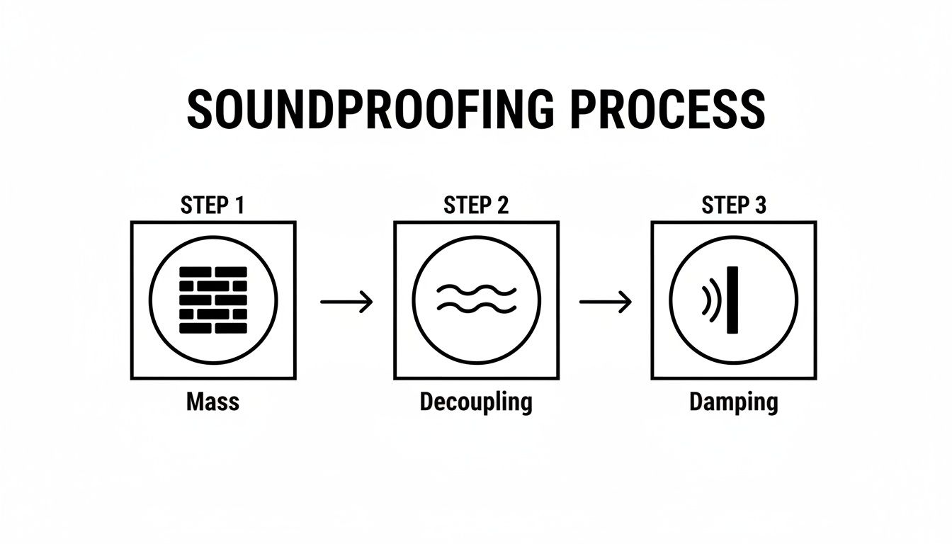 A clear diagram outlining the soundproofing process in three essential steps: mass, decoupling, and damping.