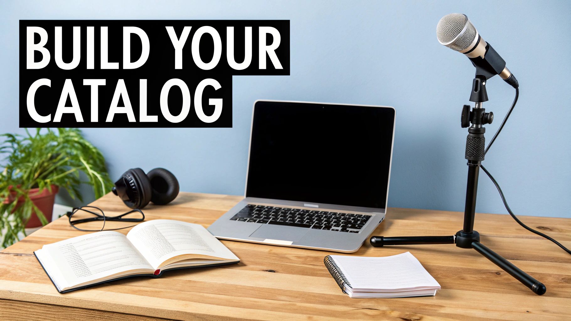 Podcasting workspace with laptop, microphone, headphones, and notebook for building music industry catalog