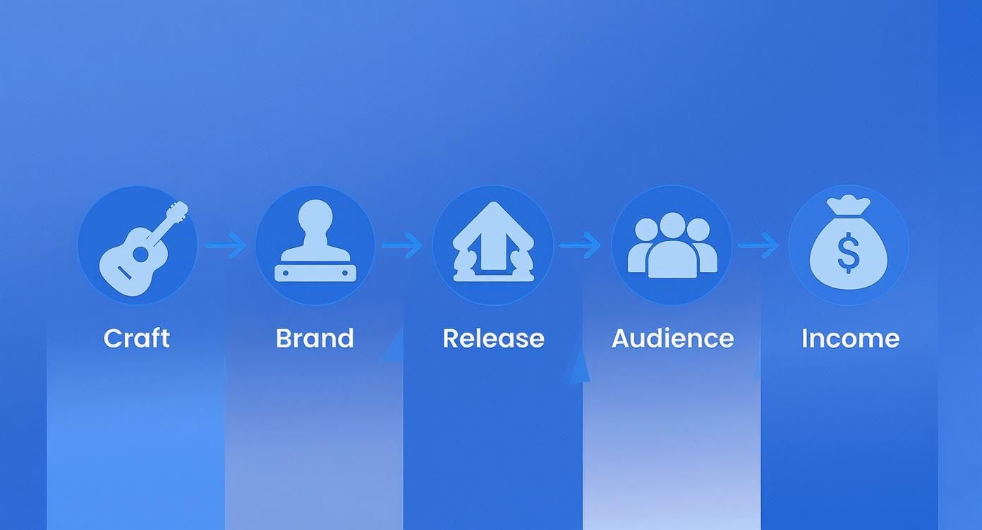 A five-step diagram illustrates the process of becoming a musical artist, from crafting to income.