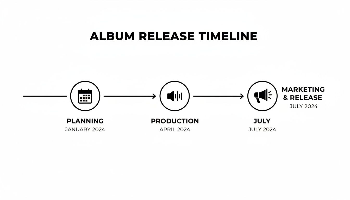 An album release timeline showing planning in January, production in April, and marketing and release in July 2024.