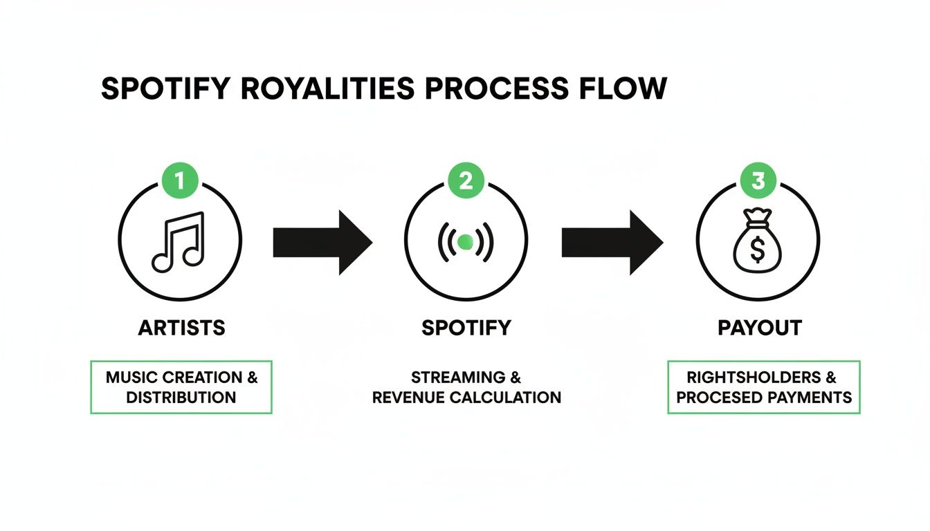 Flowchart detailing the Spotify royalties process from artists creating music to payout for rightsholders.