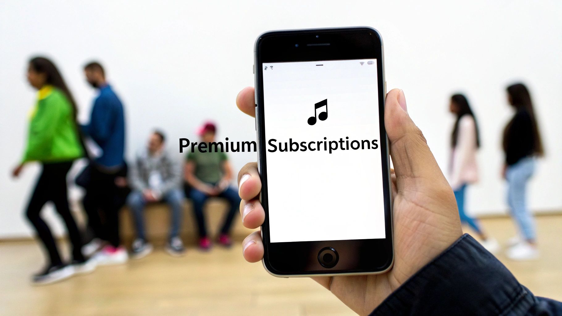 A hand holds a smartphone displaying 'Premium Subscriptions' and a music note, with blurred people in the background.