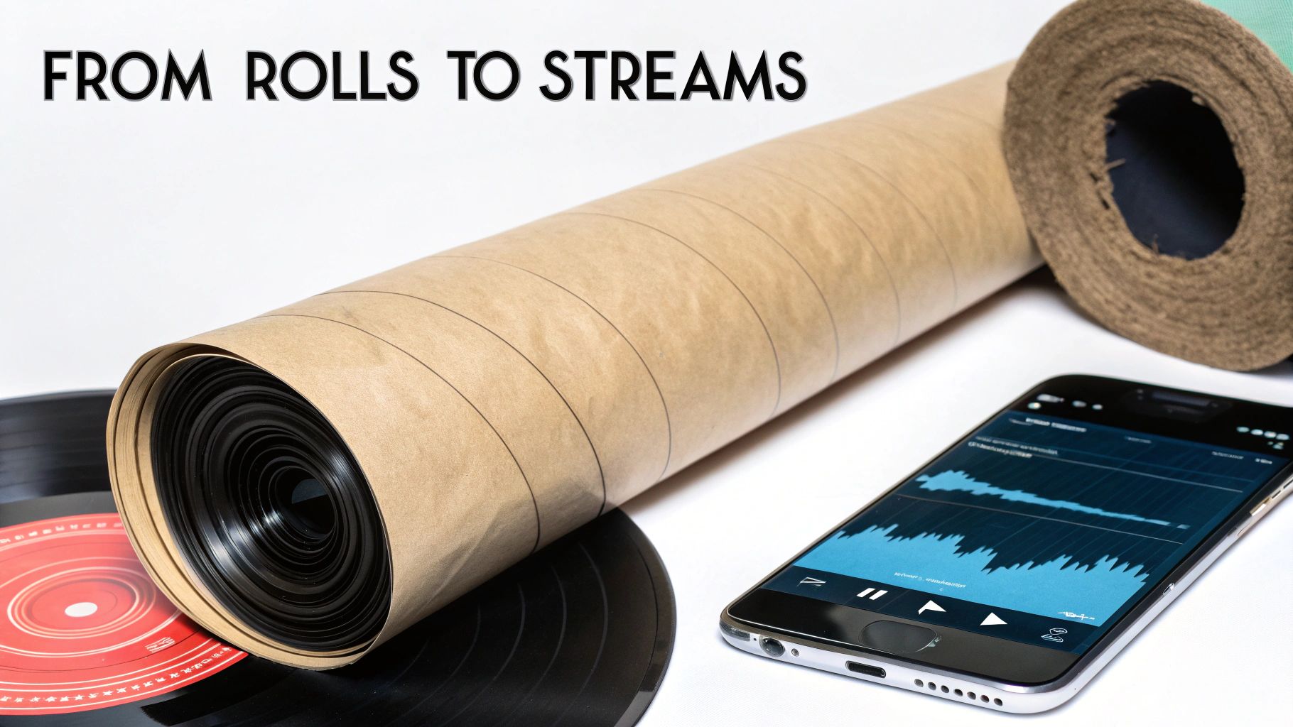 Music evolution: a roll of material, vinyl records, and a smartphone streaming audio.