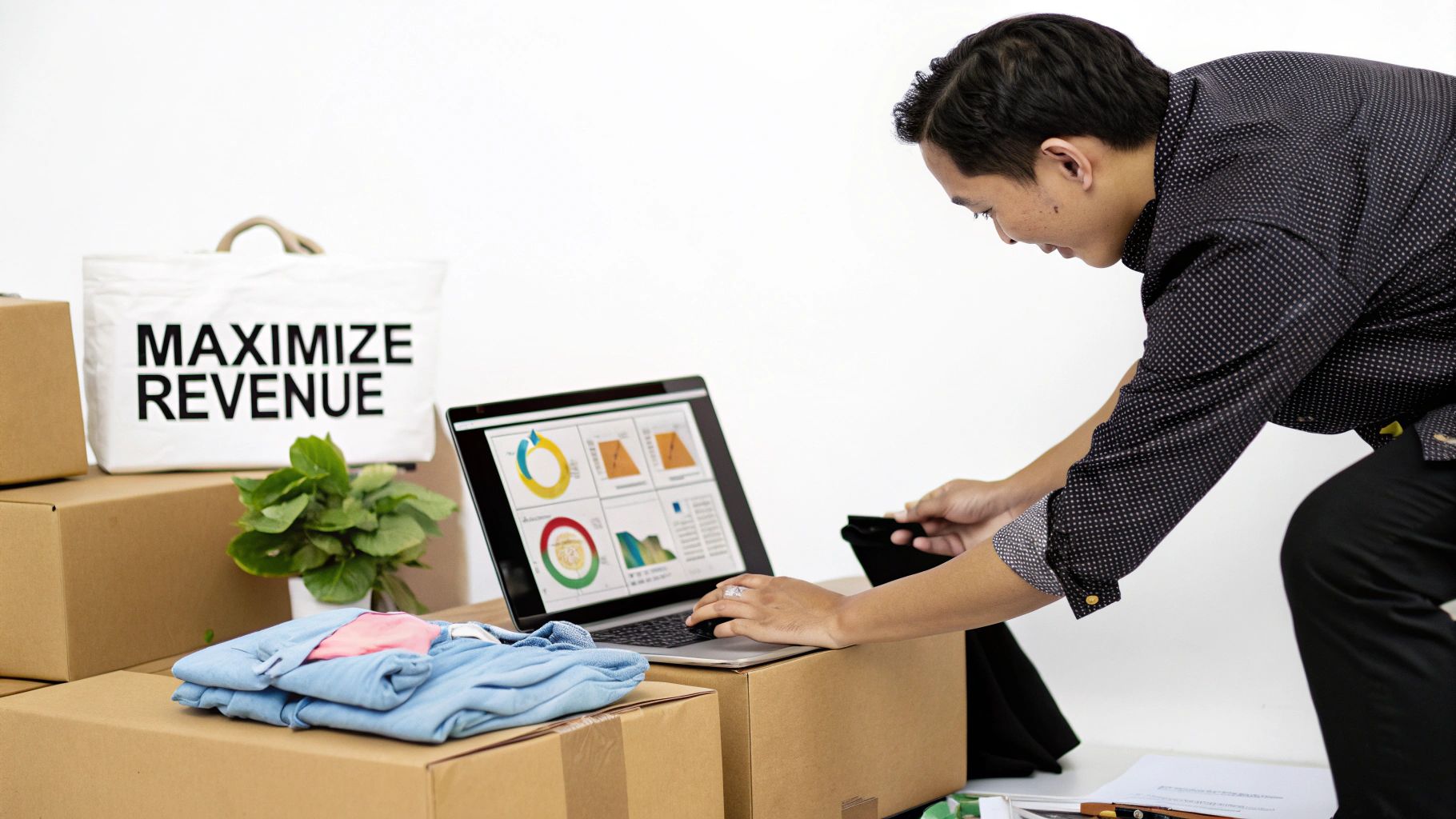 A man analyzes data on a laptop, surrounded by boxes, clothes, and a 'MAXIMIZE REVENUE' bag.