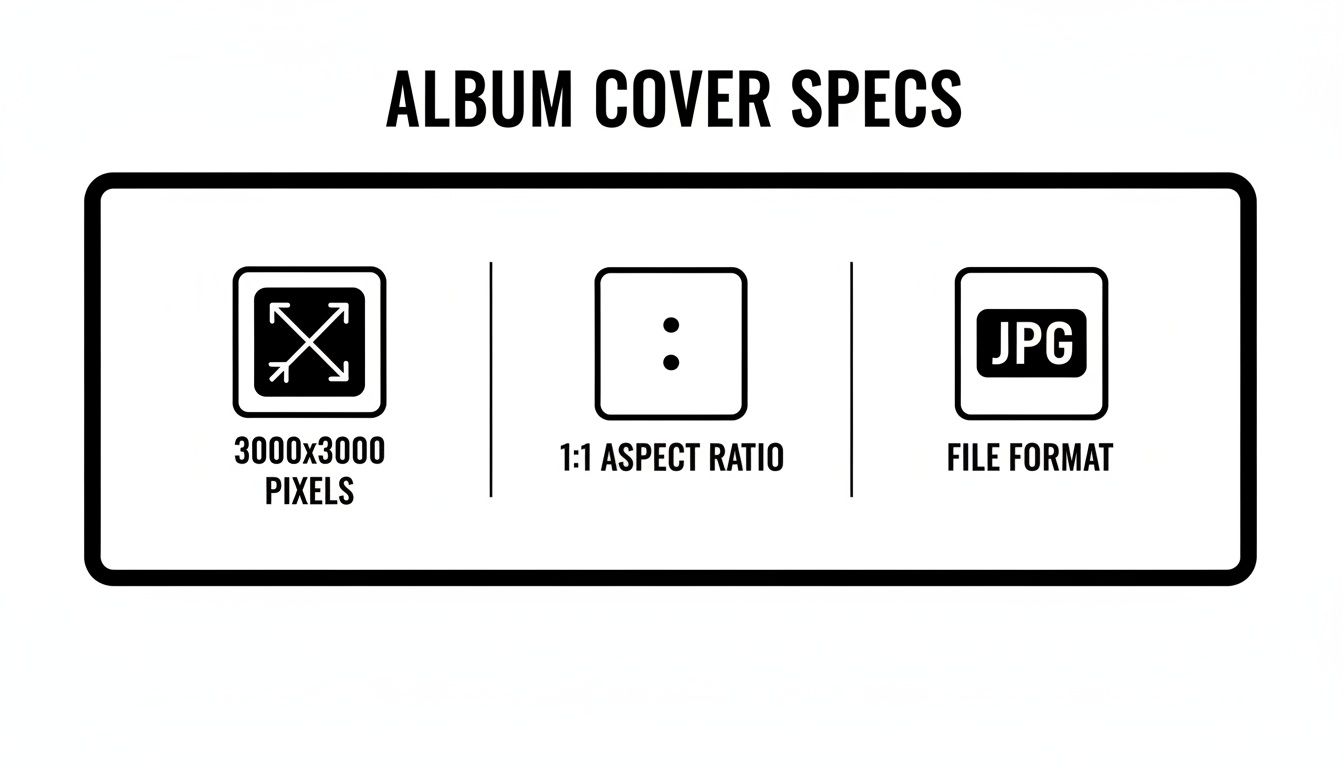 Image displaying album cover specifications, including 3000x3000 pixels, 1:1 aspect ratio, and JPG file format.