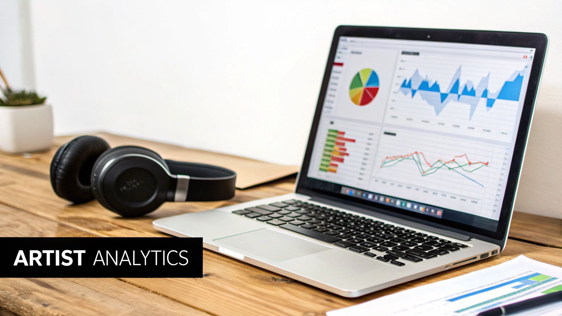 A laptop displaying artist analytics data with various charts and graphs, alongside headphones on a wooden desk.