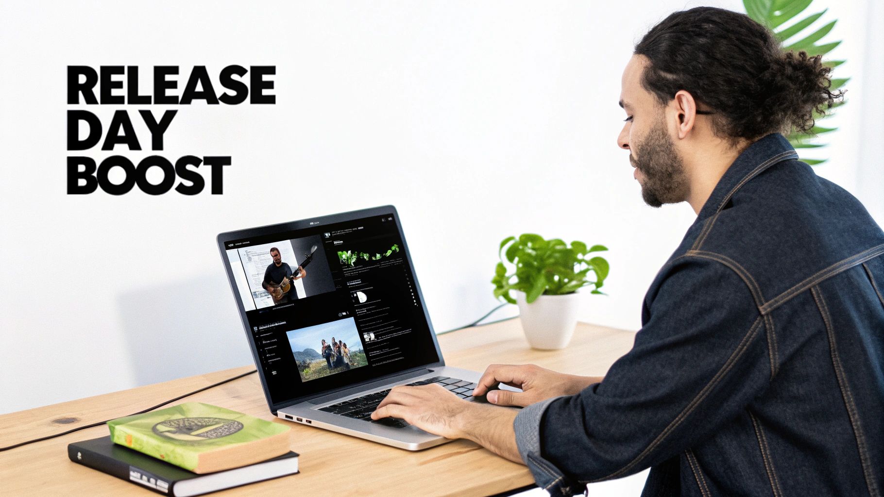 An artist looking at analytics on a laptop, symbolizing the data-driven approach of a Spotify presave campaign.