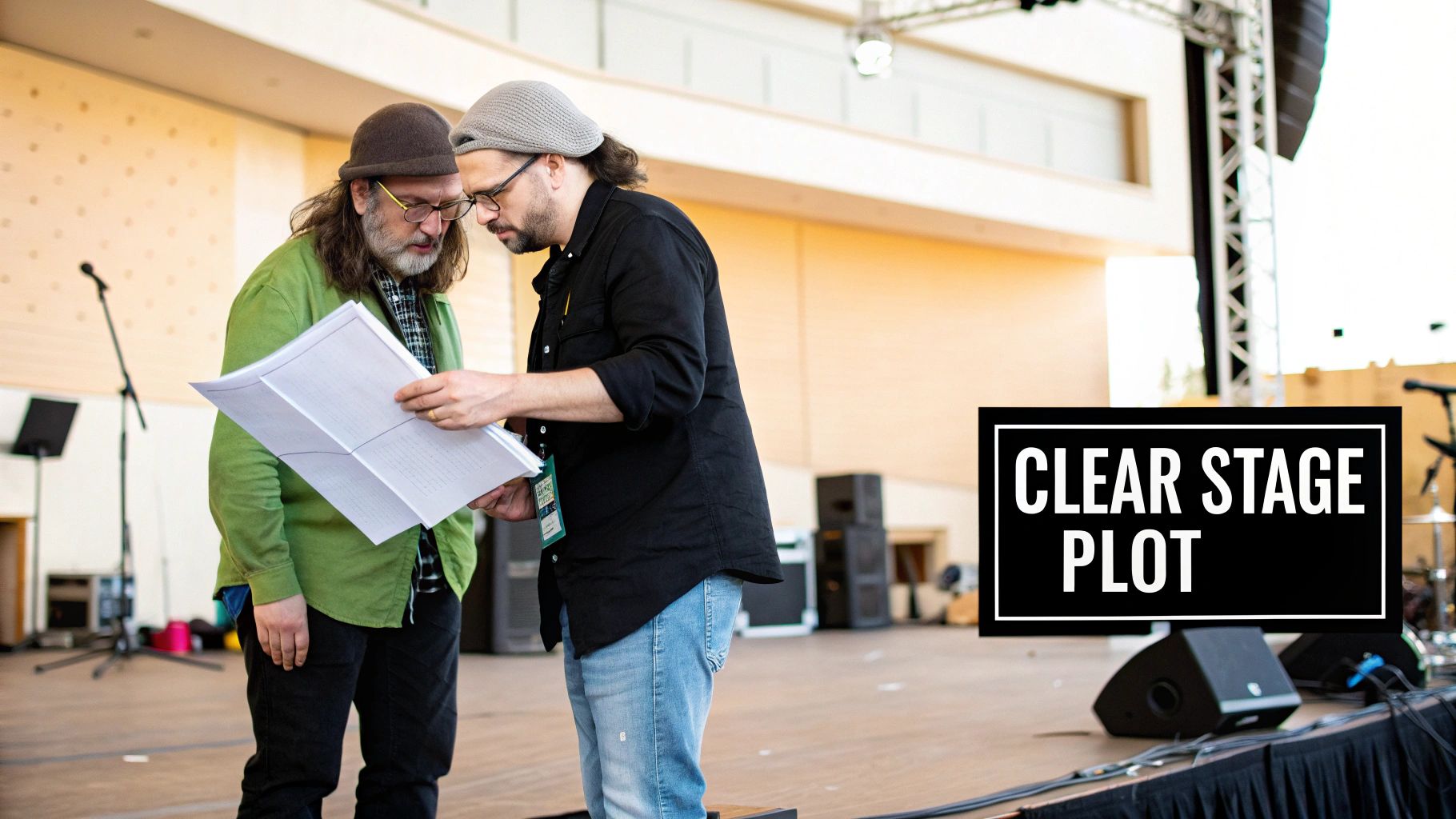 Two men on a stage review large documents, likely a stage plot, with music equipment visible.