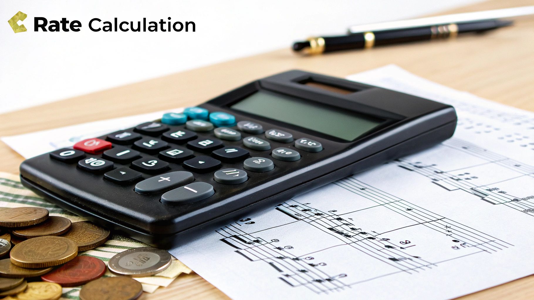 A calculator and sheet music on a desk, representing the calculation of music royalties.