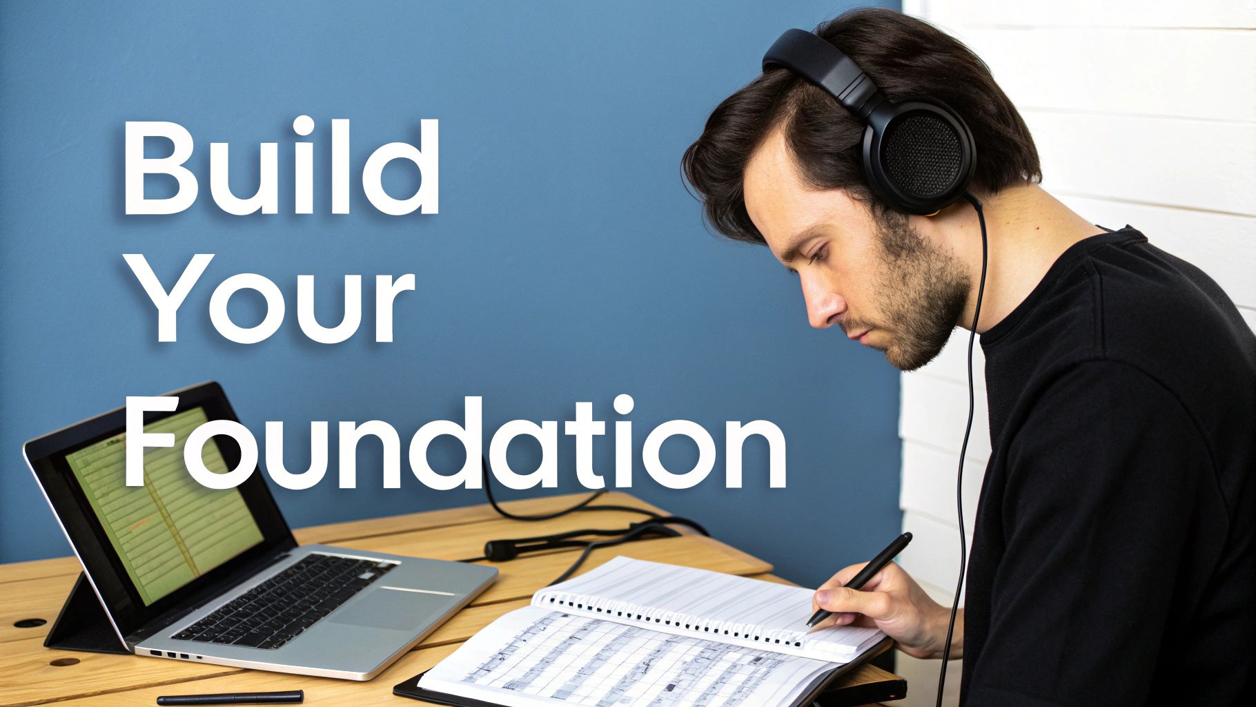 A man wearing headphones writes in a notebook next to a laptop, focused on building his foundation.