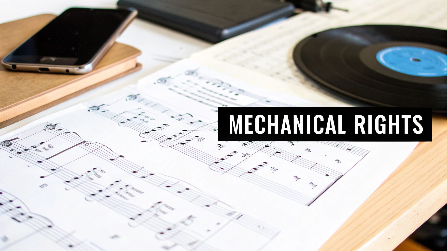 Music sheets, a vinyl record, and a smartphone on a desk, featuring 'MECHANICAL RIGHTS' text.