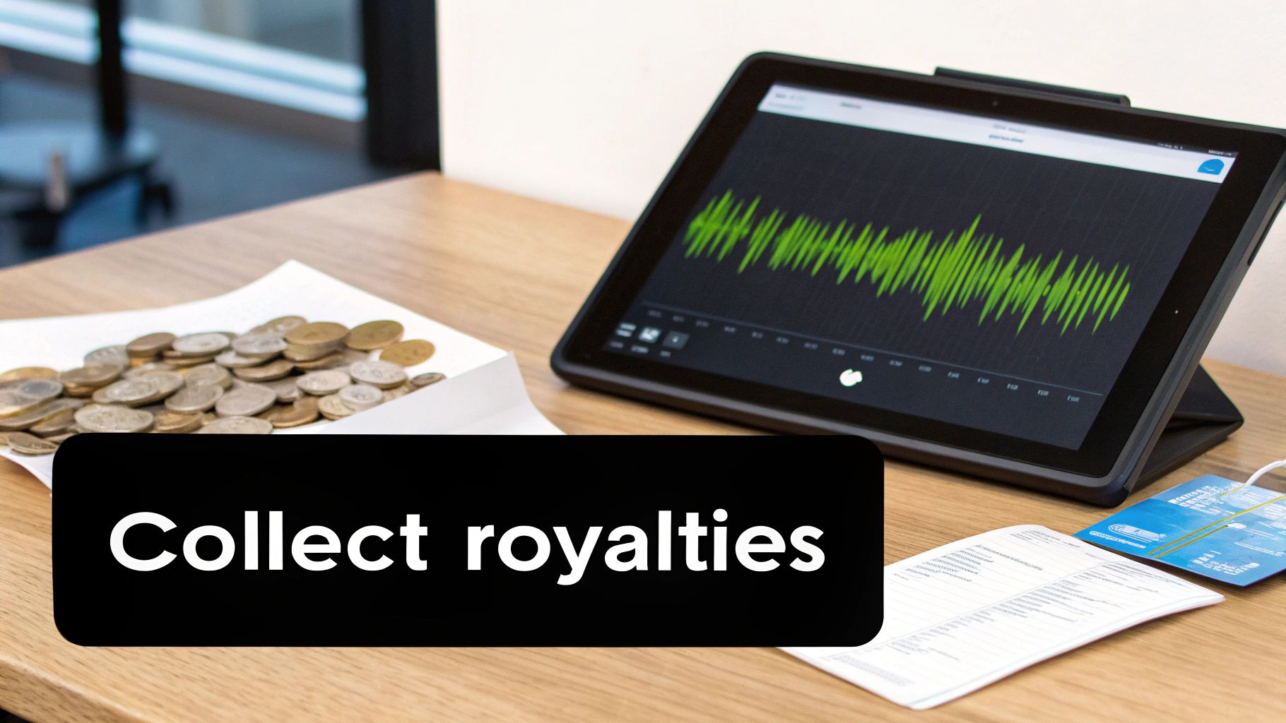 Coins on a paper next to a tablet showing a green waveform, with 'Collect royalties' text.