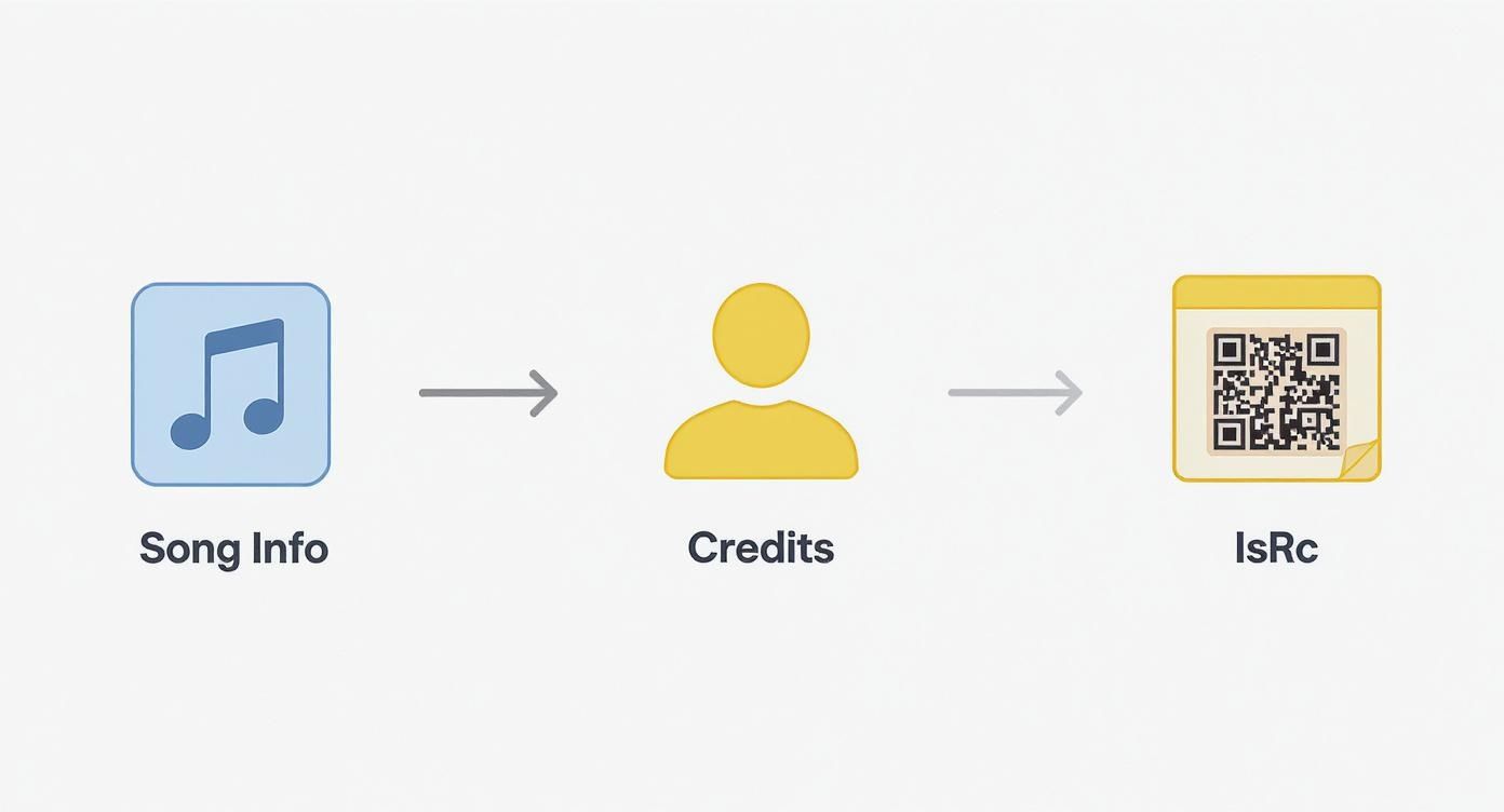 Infographic showing the flow of music metadata from song info, to credits, to ISRC code.