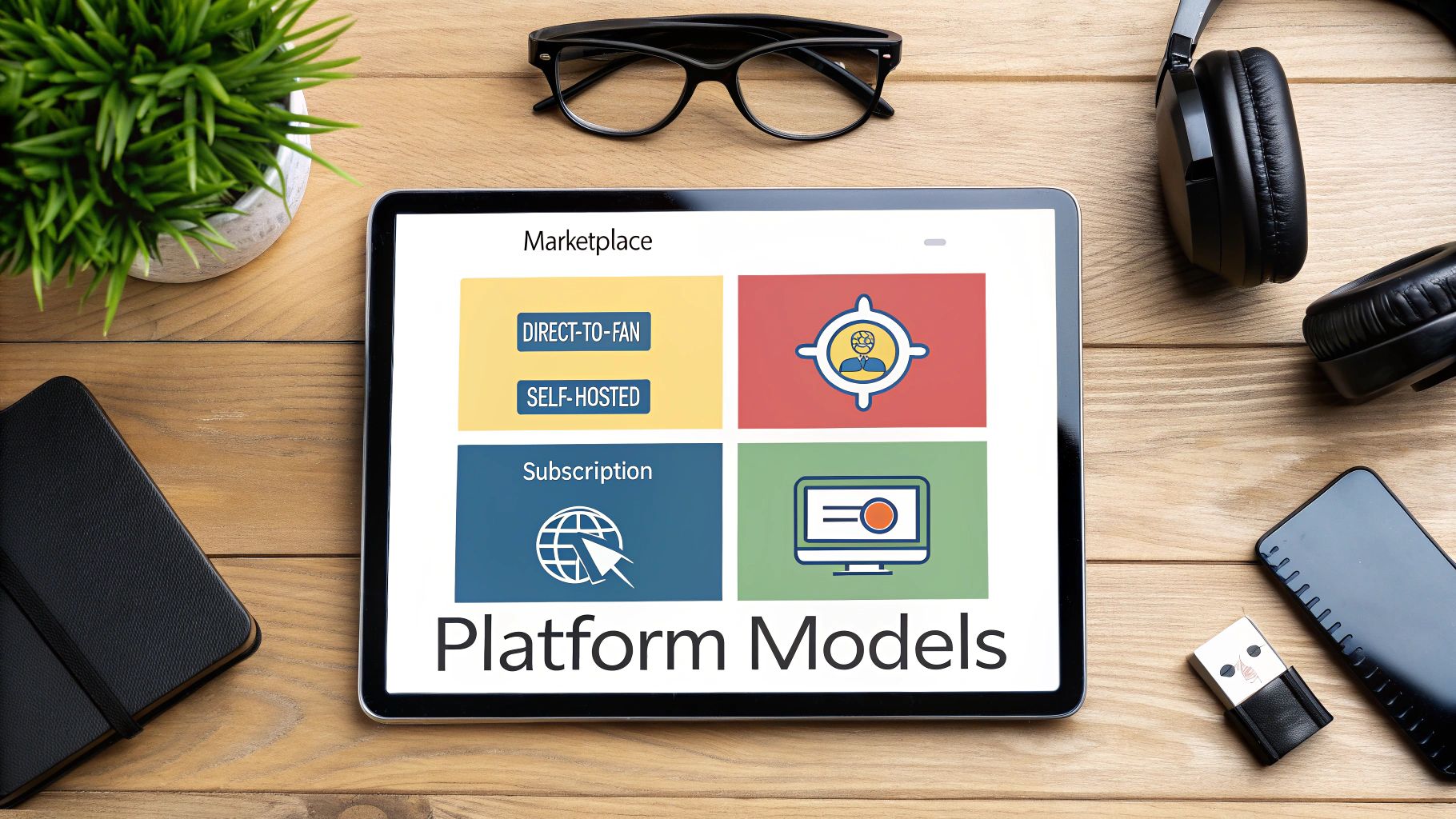 A tablet displays a diagram of 'Platform Models' including Marketplace and Subscription options, on a wooden desk.