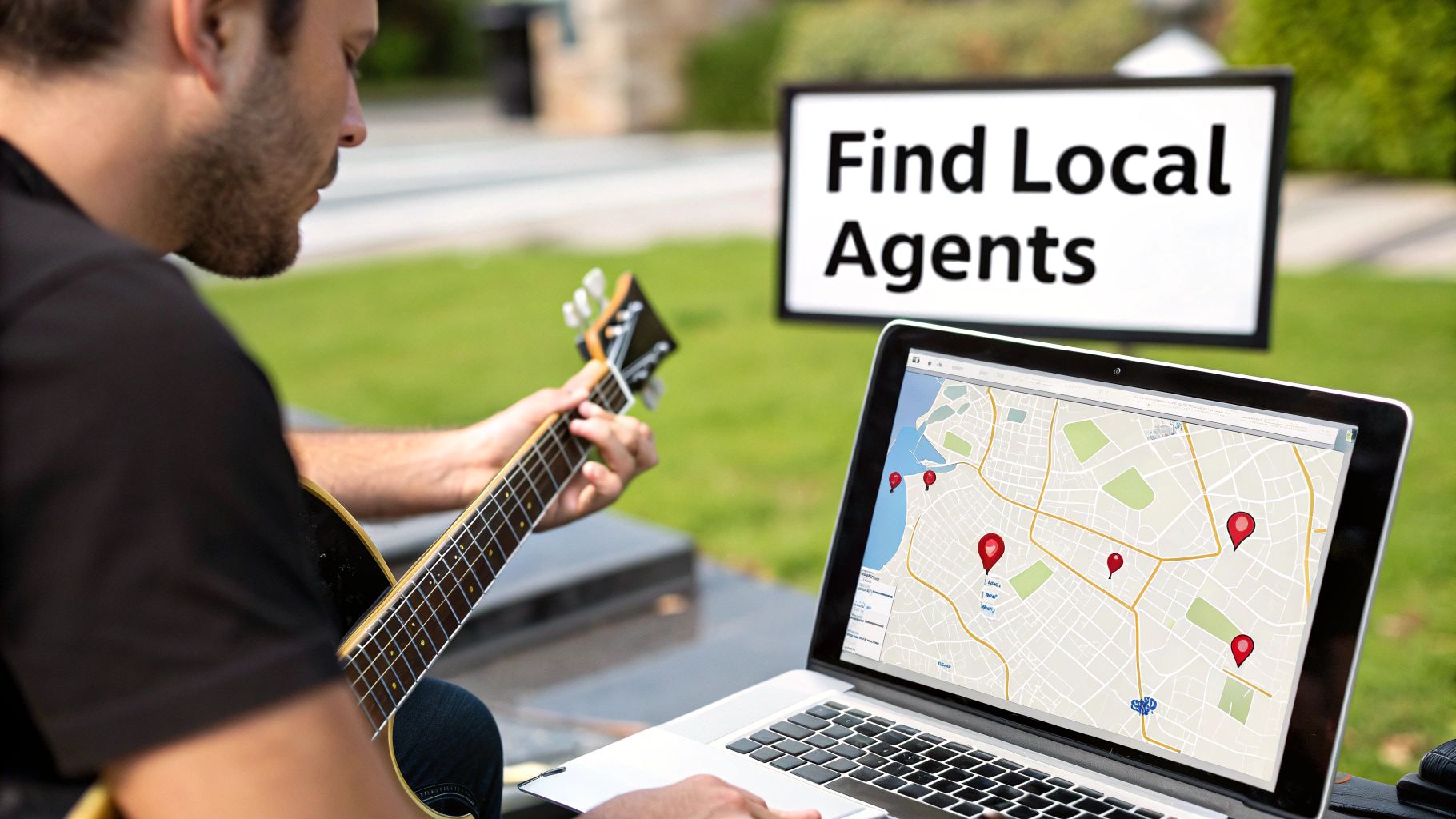 A man plays guitar outdoors while looking at a laptop screen showing a local map with pins. A sign in the background reads 'Find Local Agents'.