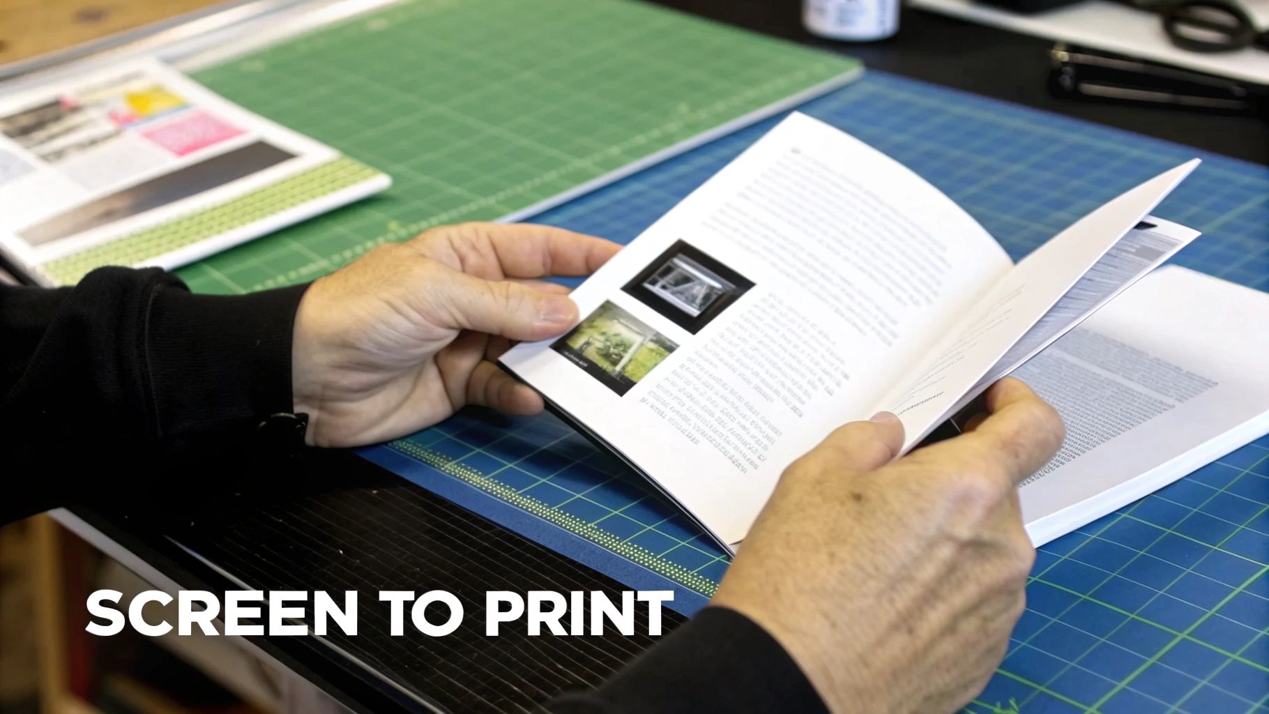 Hands meticulously examining a newly printed book, displaying text and images on its open pages.