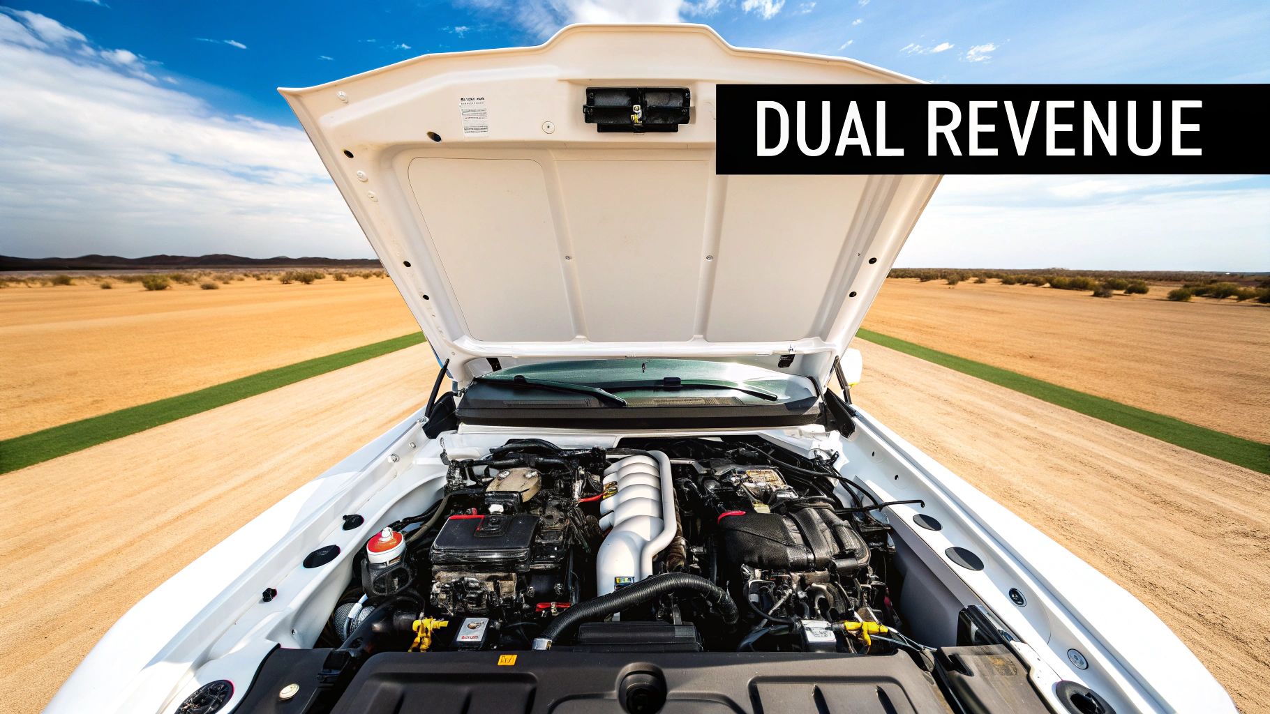 An open white car hood reveals its engine, parked on a desert road under a blue sky with 'DUAL REVENUE' text.