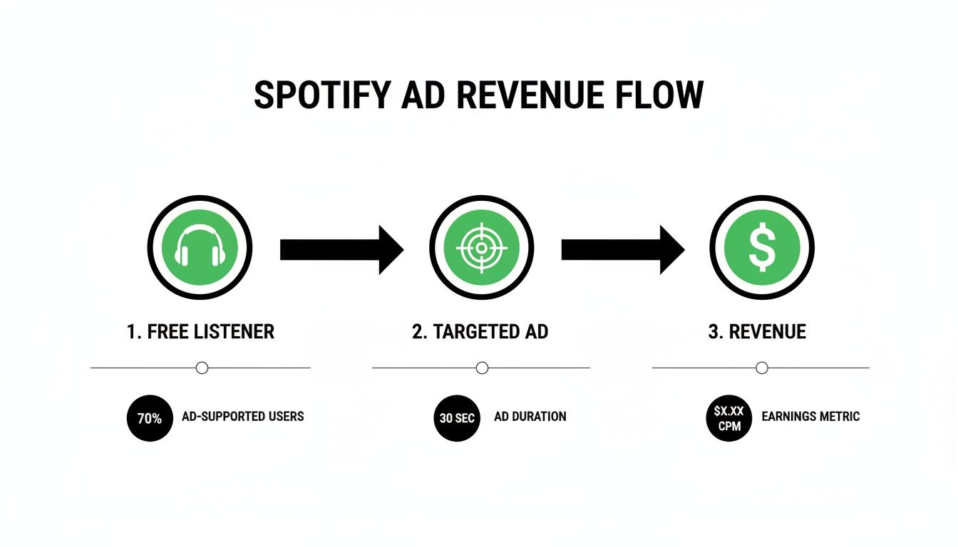 Diagram illustrating Spotify's ad revenue flow, showing free listeners, targeted ads, and revenue metrics.