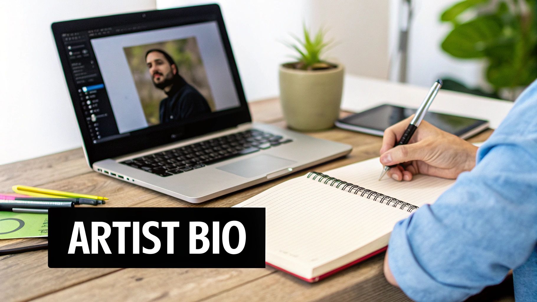 Person writing an artist bio in a notebook with a laptop displaying a portrait photo on a wooden desk.
