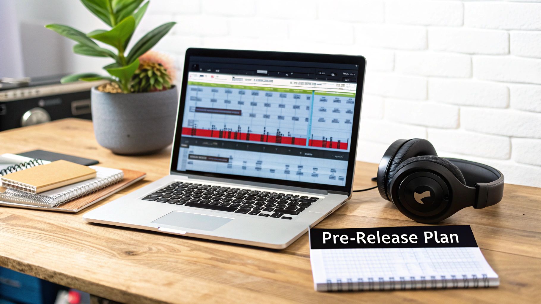 A laptop displaying music production software, headphones, and a 'Pre-Release Plan' notebook on a wooden desk.