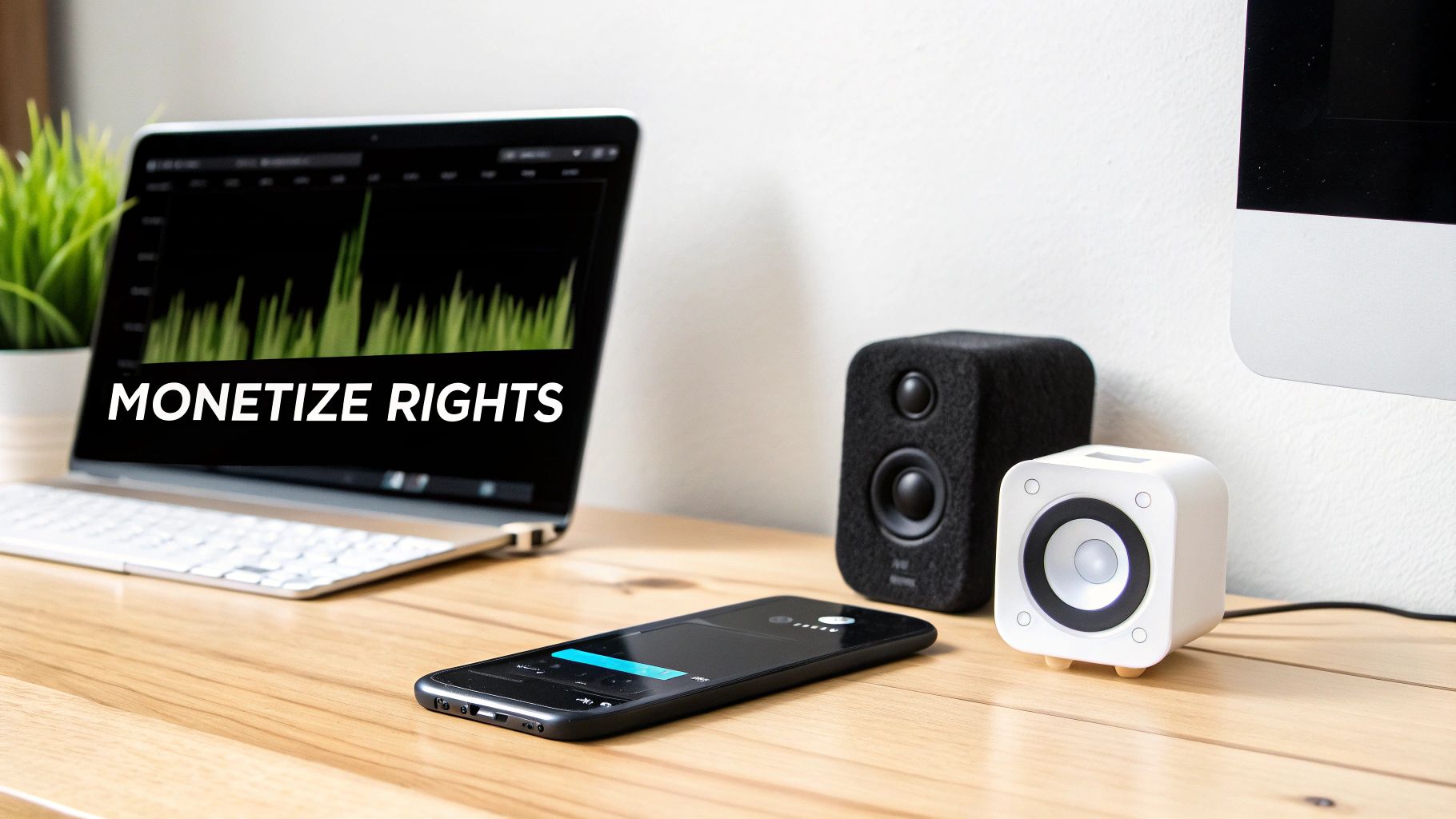 A musician working in their studio, planning how to monetize their newly registered music.
