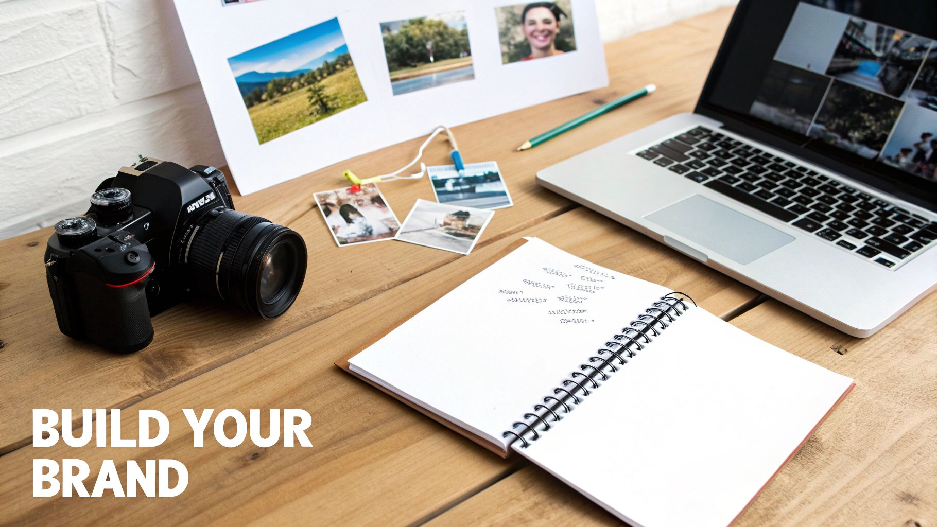 A creative workspace setup with a camera, laptop, notebook, and photos on a wooden desk.
