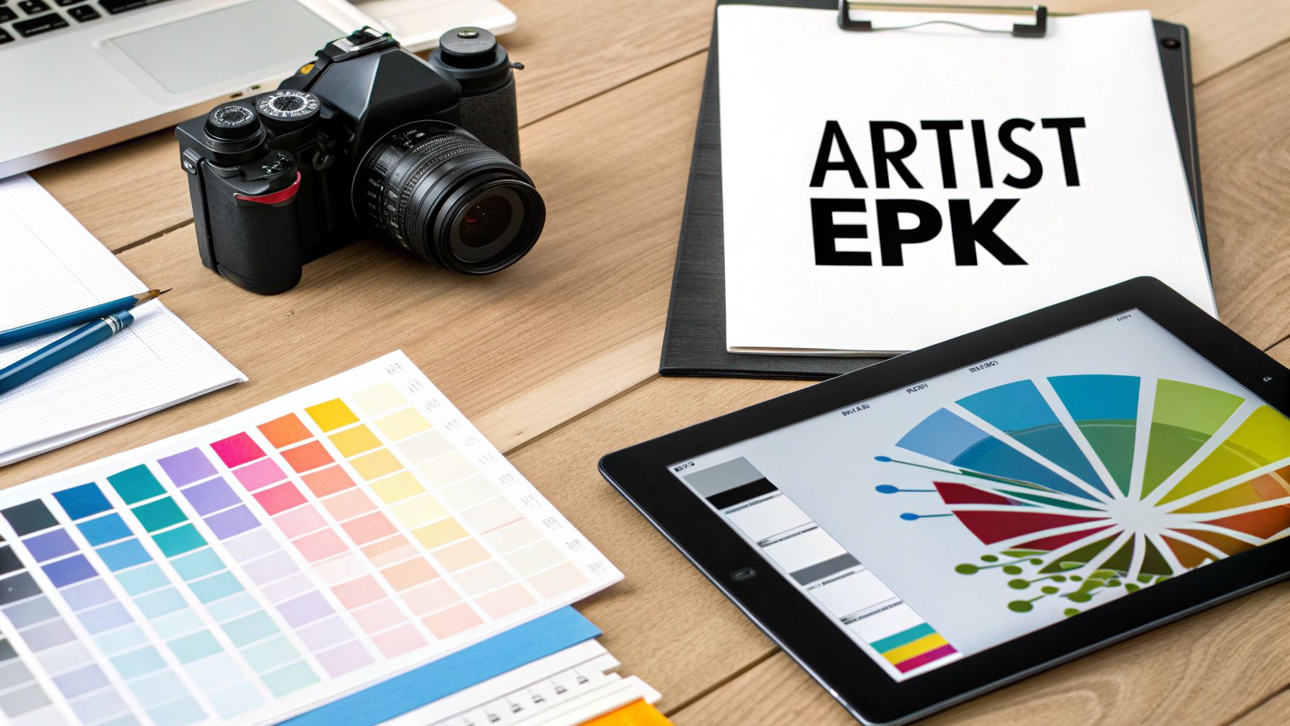 A creative workspace flat lay with a camera, laptop, color swatches, a tablet displaying a chart, and a document labeled 'ARTIST EPK'.