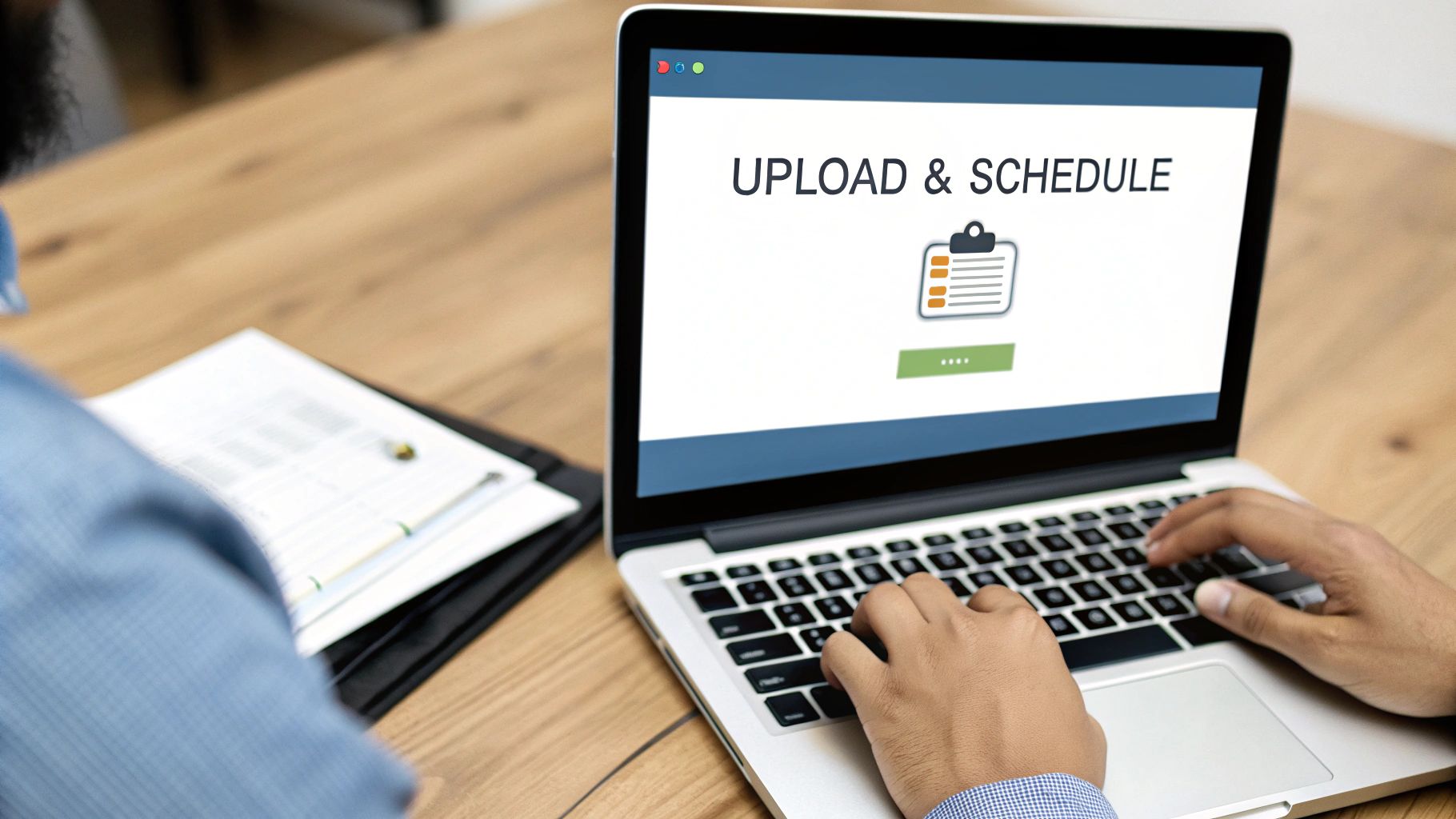 Close-up of a person typing on a laptop with "UPLOAD & SCHEDULE" on screen, alongside documents on a wooden desk.