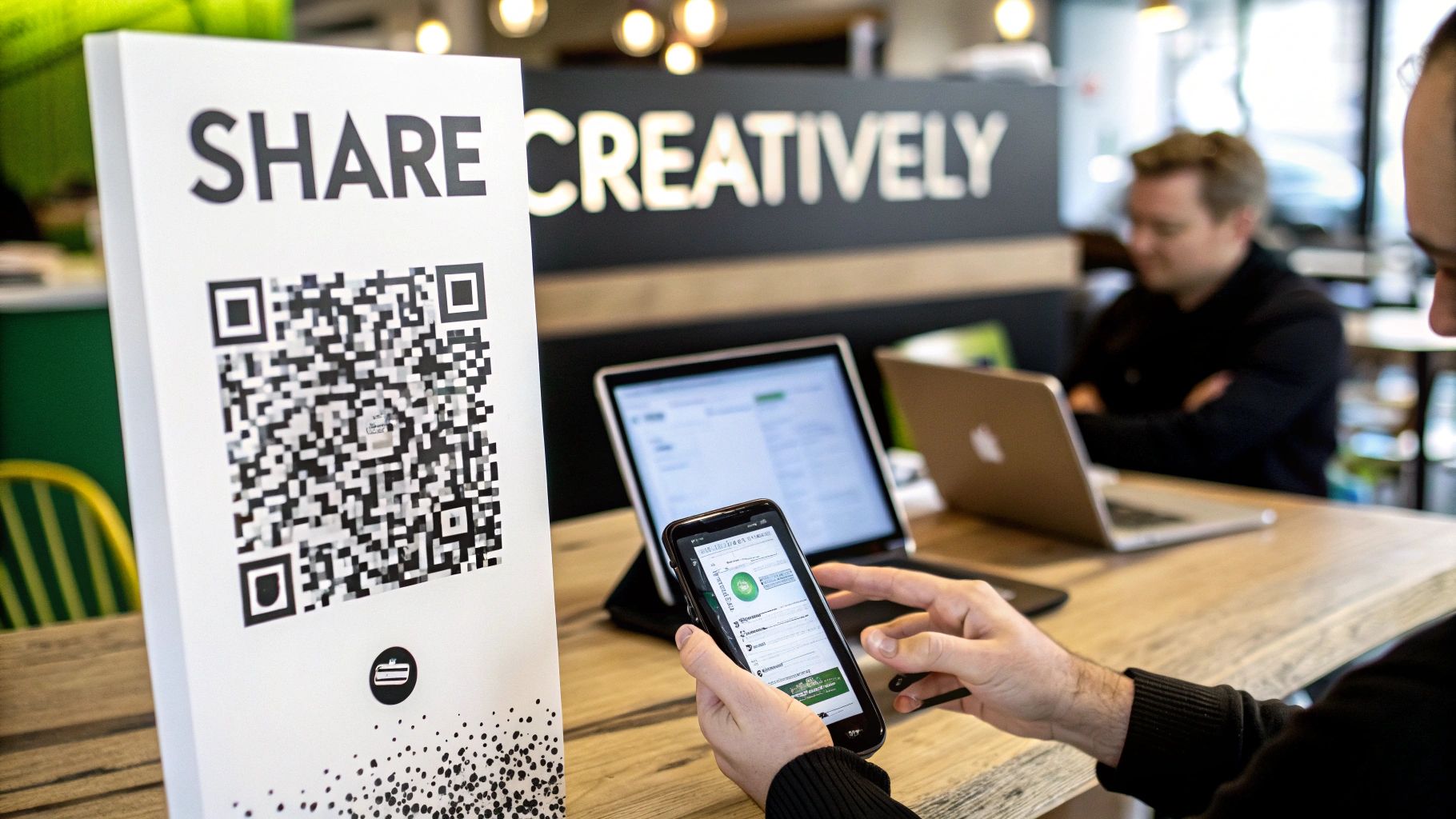 A person scanning a QR code on a white stand that says "SHARE CREATIVELY" with a smartphone.