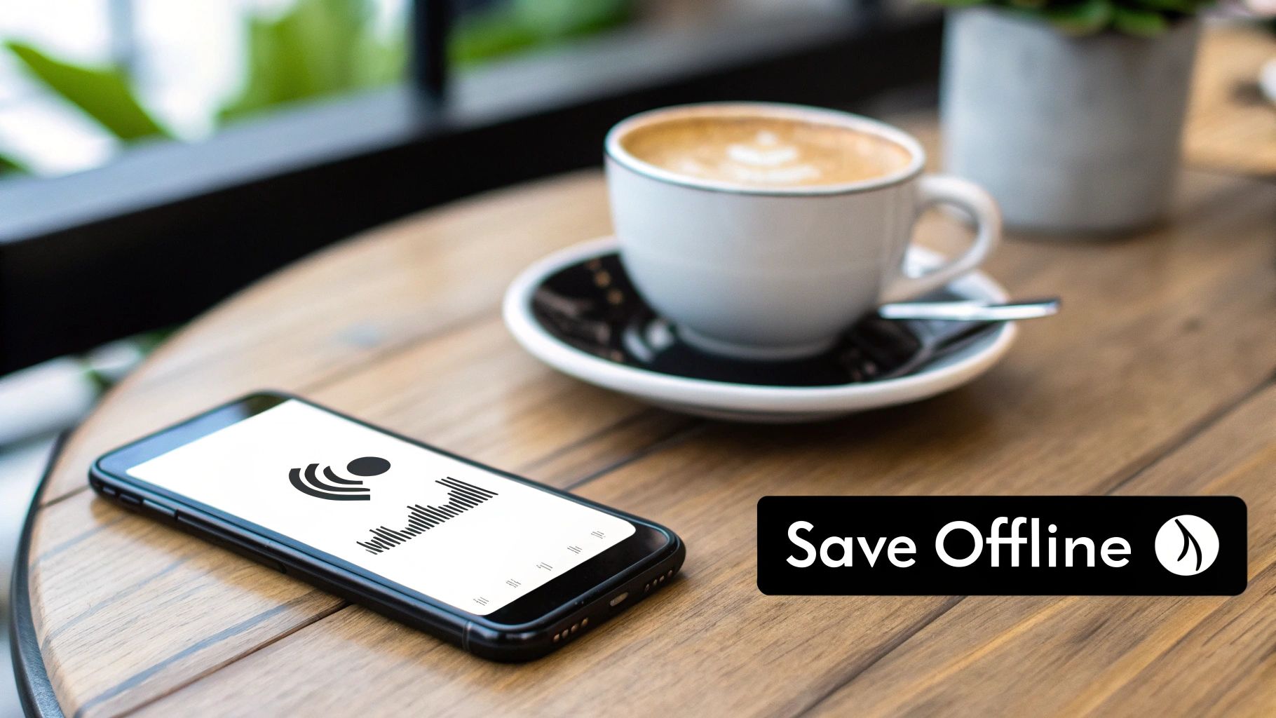 A smartphone displaying a music player on a wooden table next to coffee and a 'Save Offline' button.