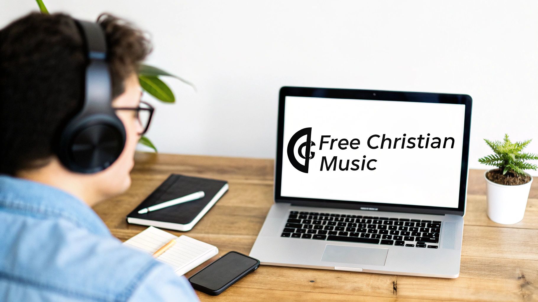 A person wearing headphones listens to "Free Christian Music" on a laptop at a wooden desk with a notebook and phone.