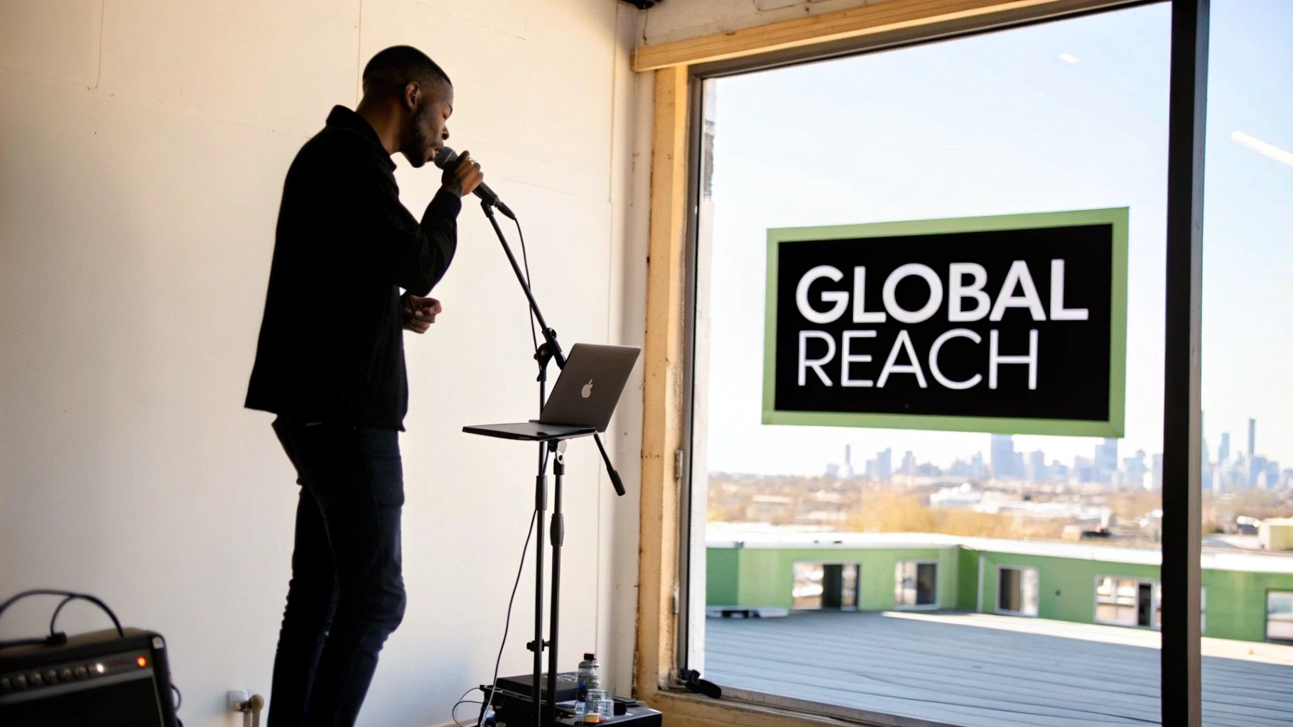 A man performs on stage, singing into a microphone, with a "GLOBAL REACH" sign and city view.