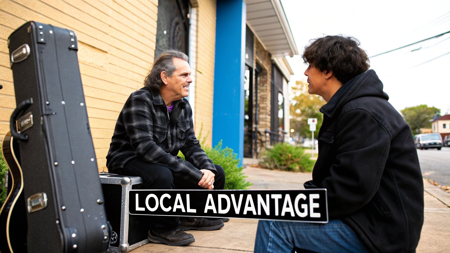 Two men chat on a sidewalk next to a guitar case, with a "LOCAL ADVANTAGE" sign.