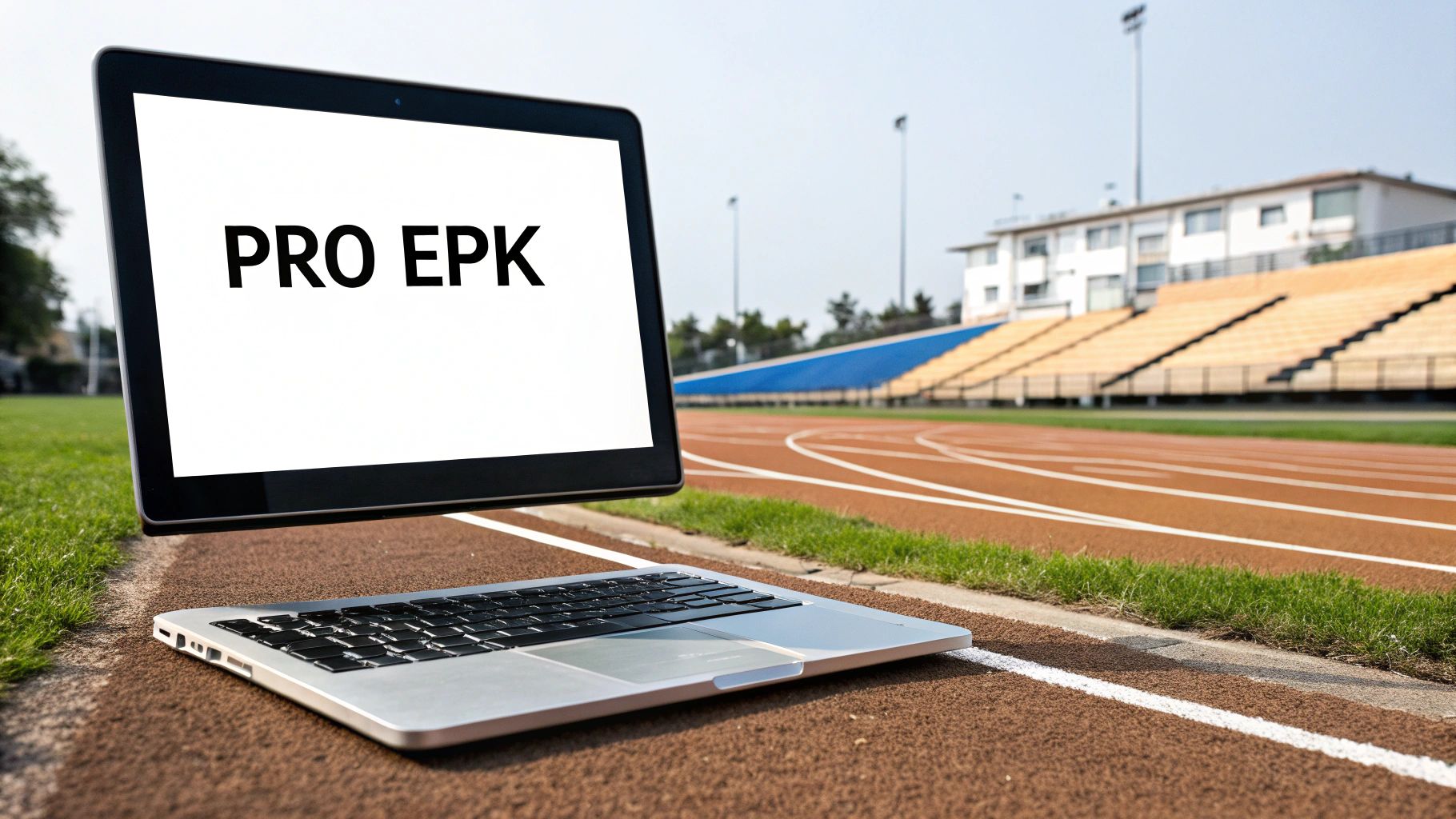 A laptop displaying "PRO EPK" on a running track, with a stadium in the background.