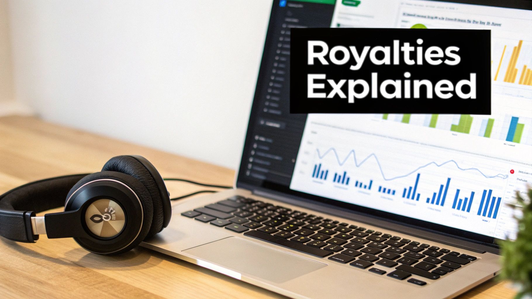 A laptop with 'Royalties Explained' text and graphs on its screen, next to black headphones on a wooden desk.
