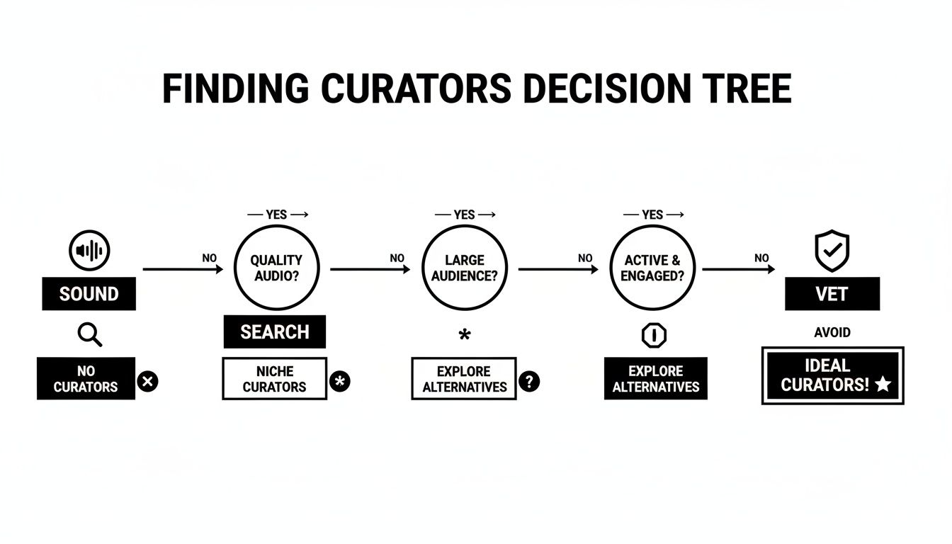 Decision tree diagram illustrating steps to find ideal music playlist curators based on sound, quality, audience, and engagement.