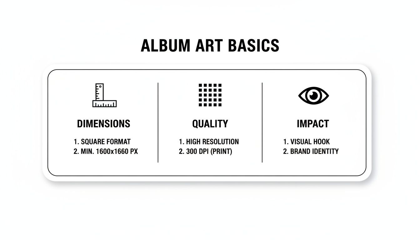 Infographic outlining album art basics including dimensions, quality, and impact for design.