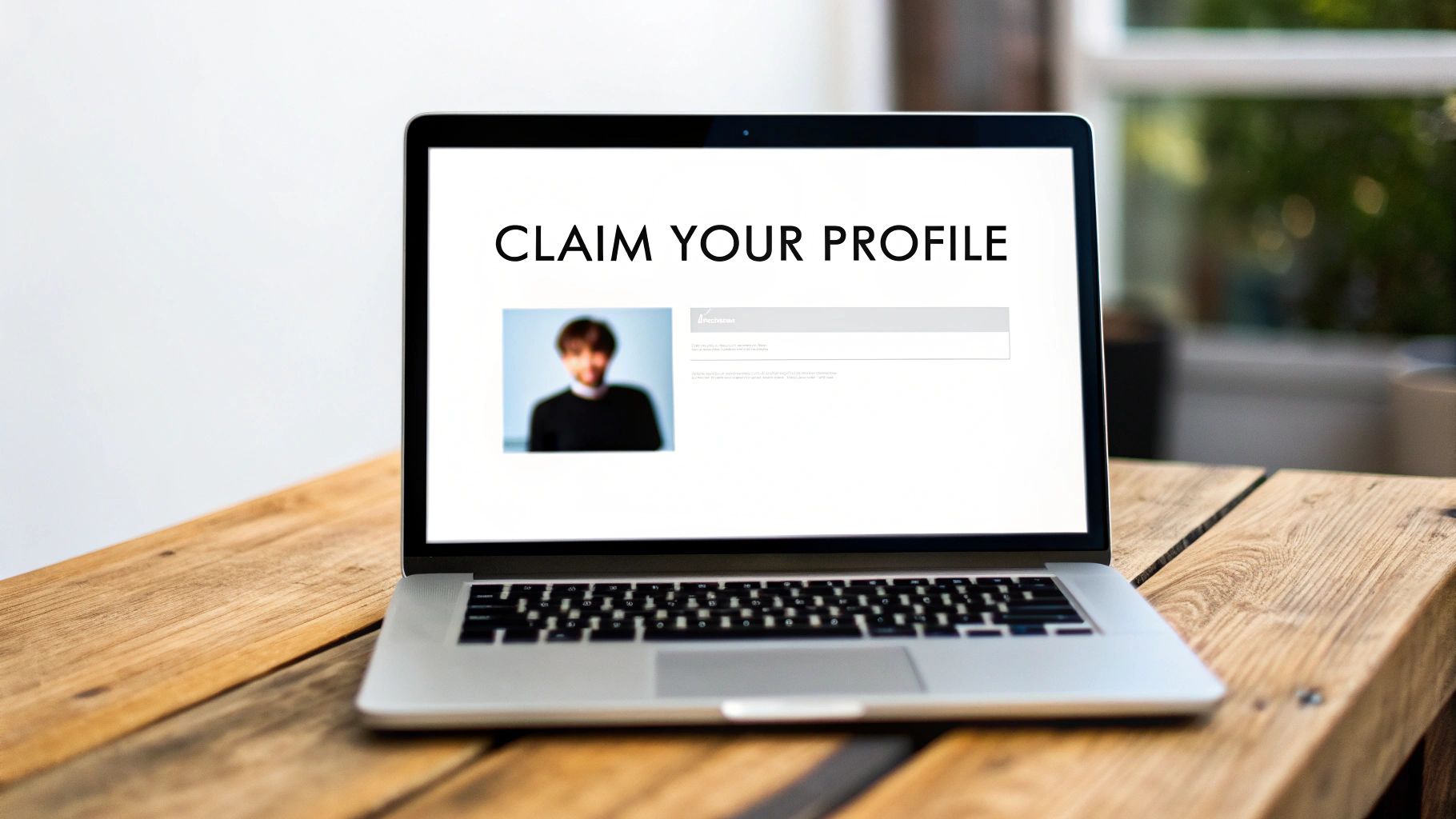 A laptop on a wooden table displays 'CLAIM YOUR PROFILE' text and a blurred profile image.
