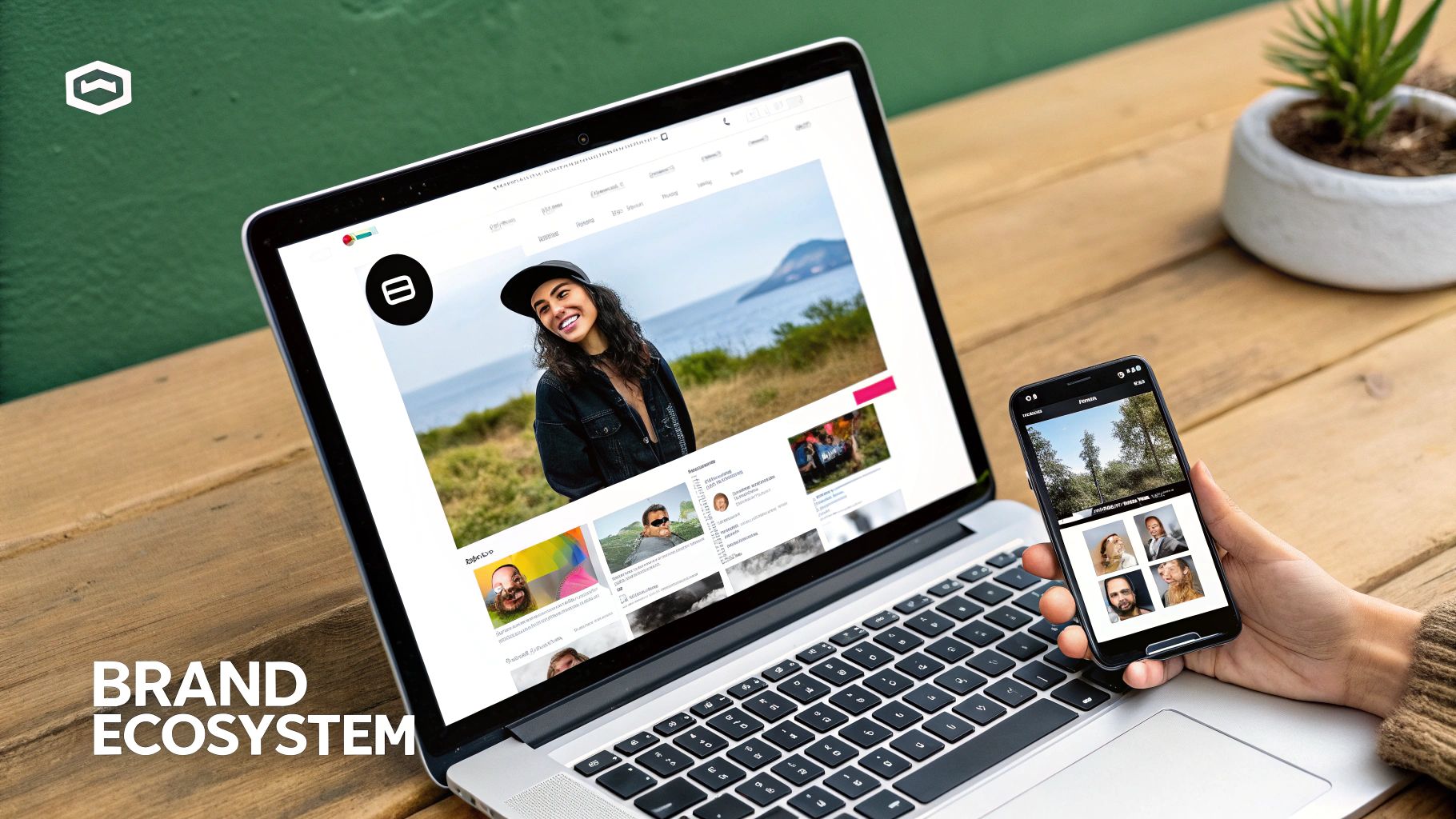 A musician thoughtfully looks at their laptop and phone, which display their social media profiles and website, illustrating the concept of building a cohesive brand ecosystem.