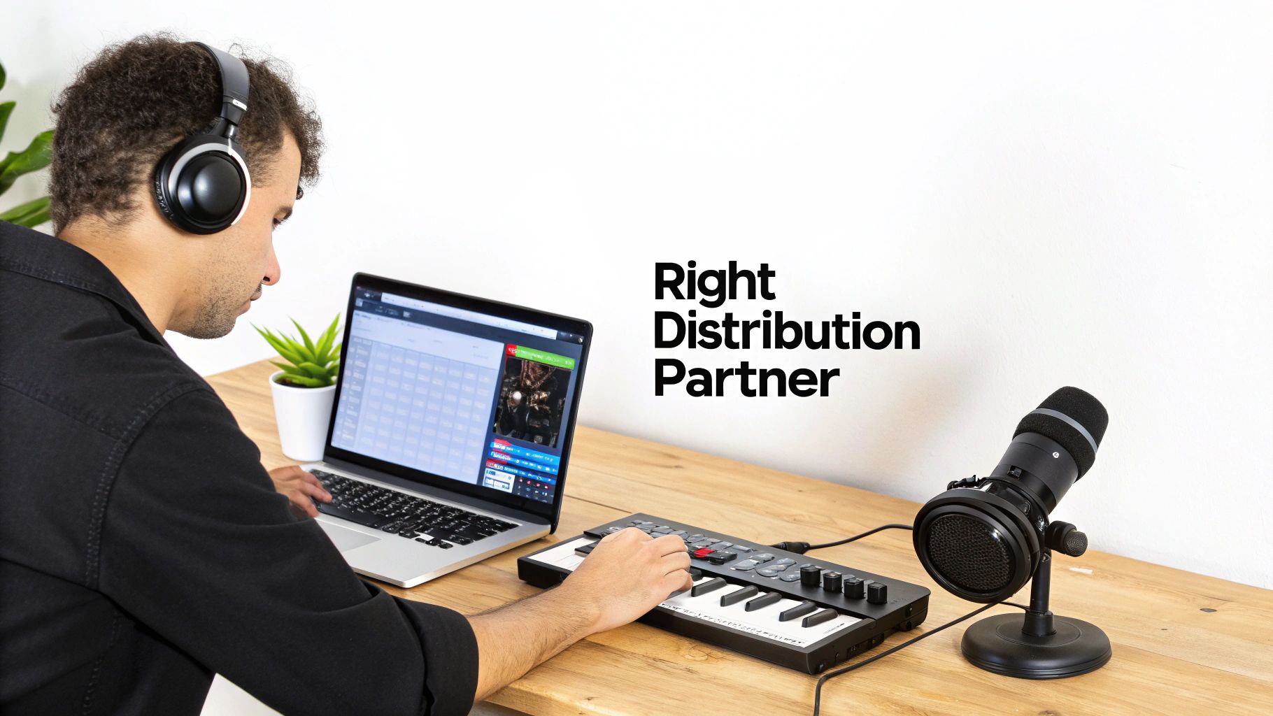A person wearing headphones is engaged in music production using a laptop, MIDI keyboard, and microphone.