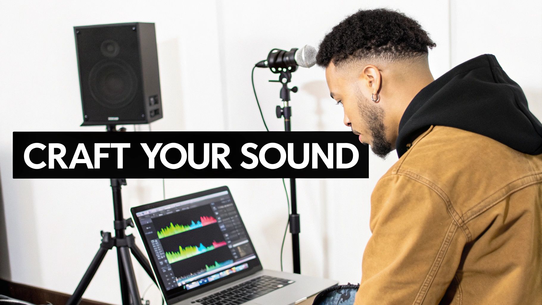 A man with a microphone and laptop showing audio waveforms, with 'CRAFT YOUR SOUND' text overlay.