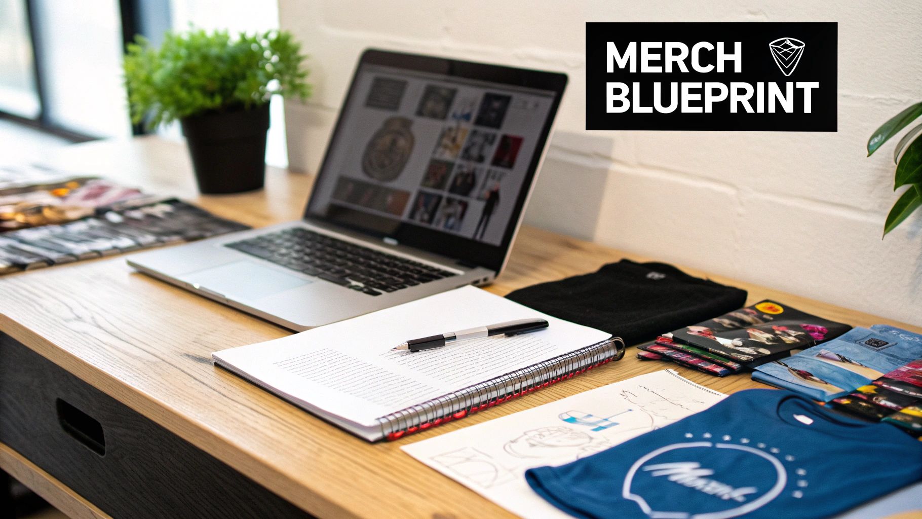 Band merchandise laid out on a table, including t-shirts and vinyl records