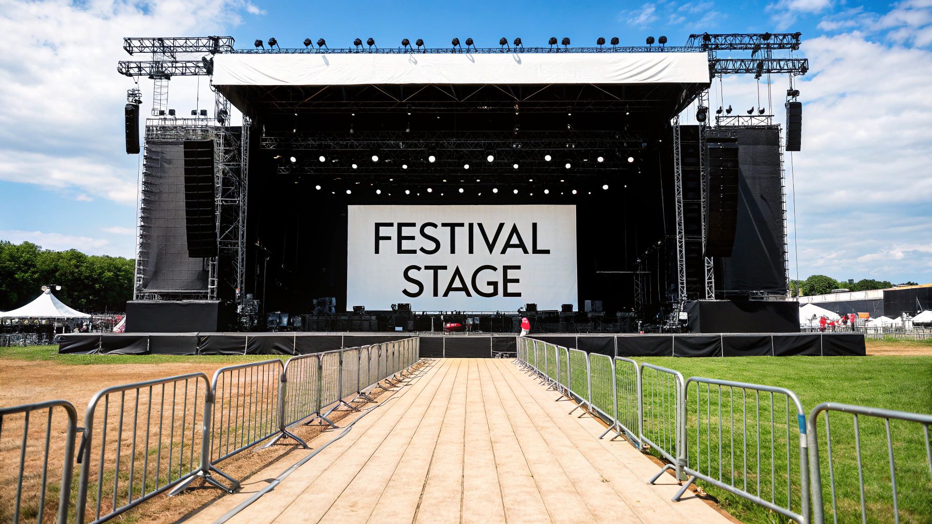 Large outdoor festival stage with white screen, metal truss, lights, and wooden walkway leading to it