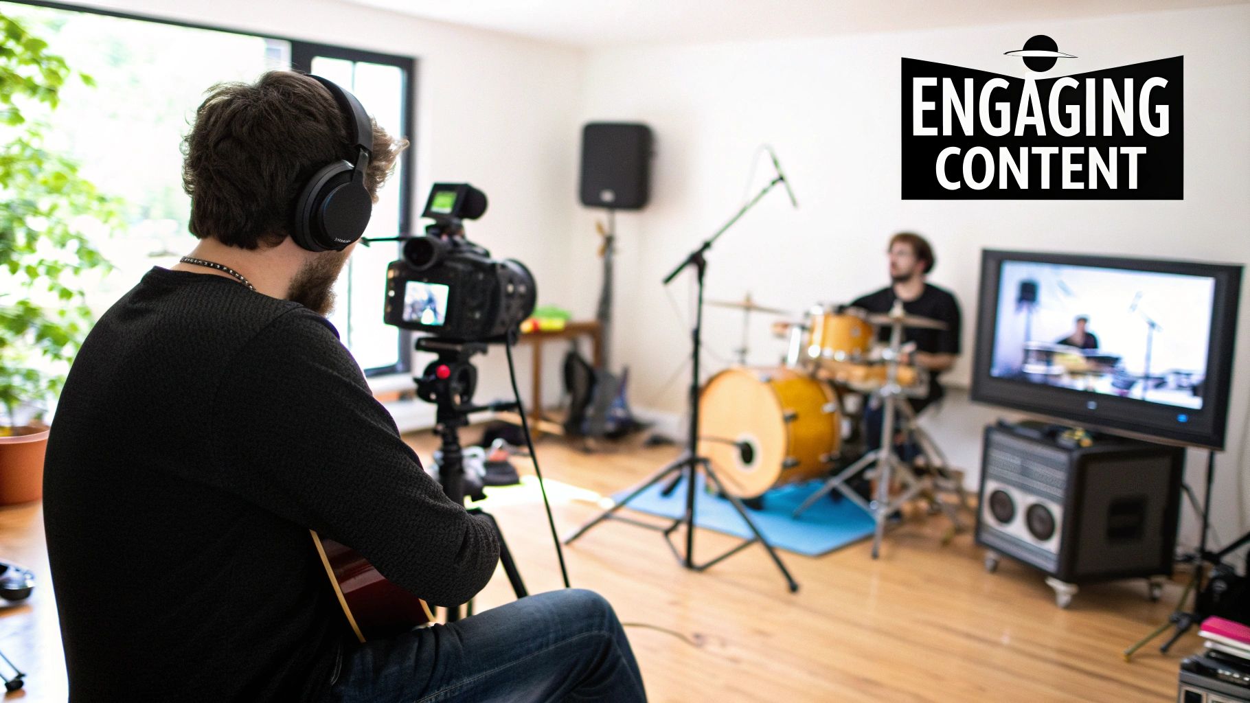 Musician using a phone to plan their Instagram content strategy.