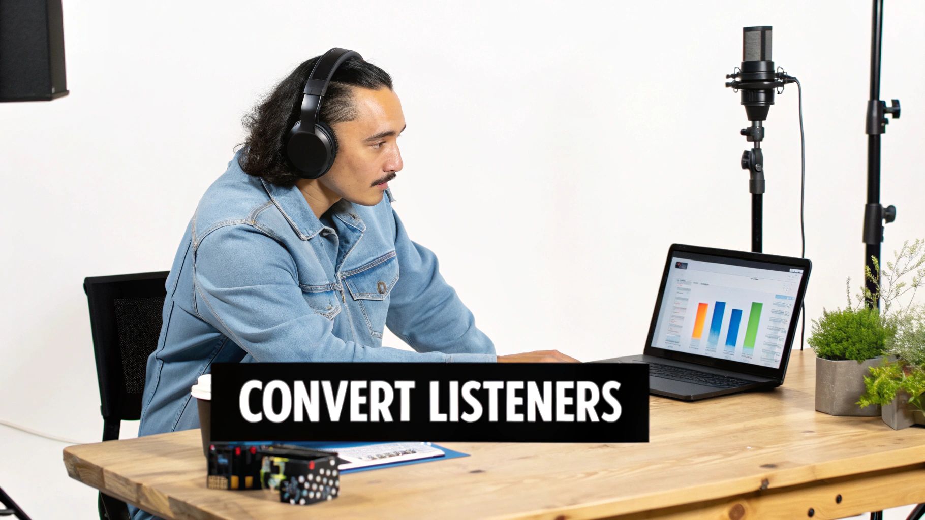Man in denim jacket with headphones podcasting, analyzing listener data on a laptop at a wooden desk.