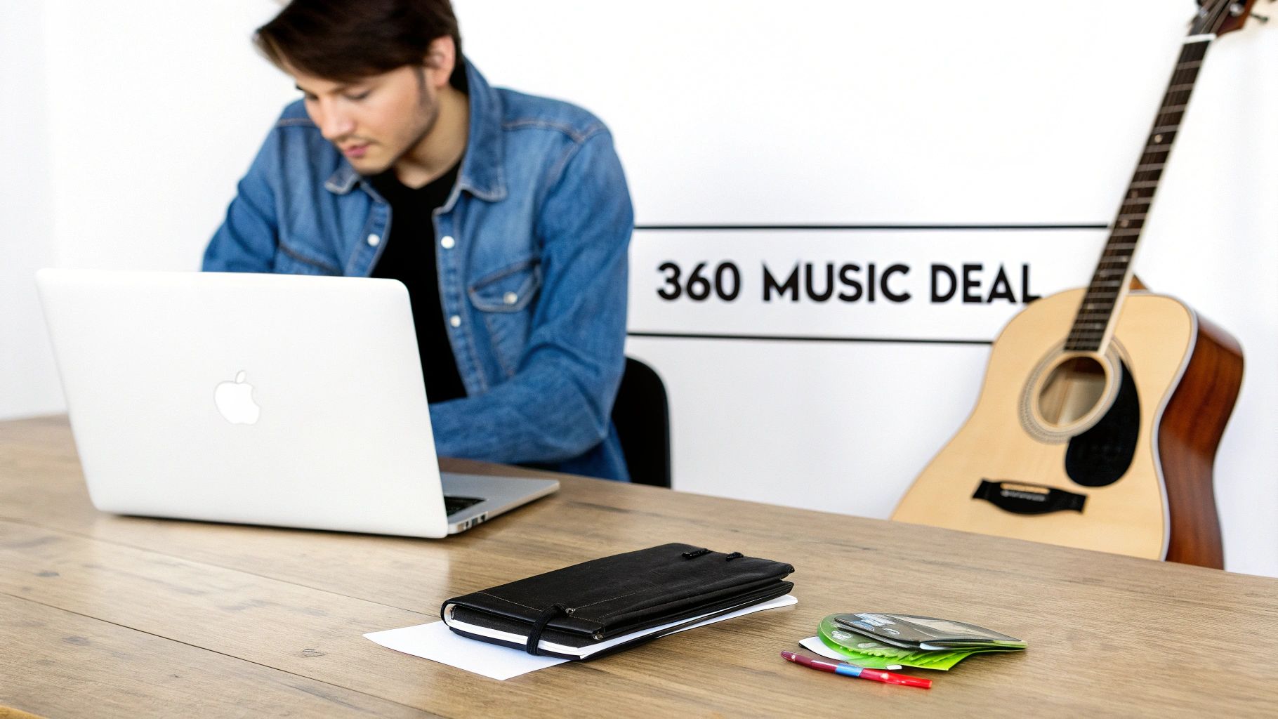 A man uses a laptop at a wooden desk with a guitar and '360 MUSIC DEAL' on the wall.