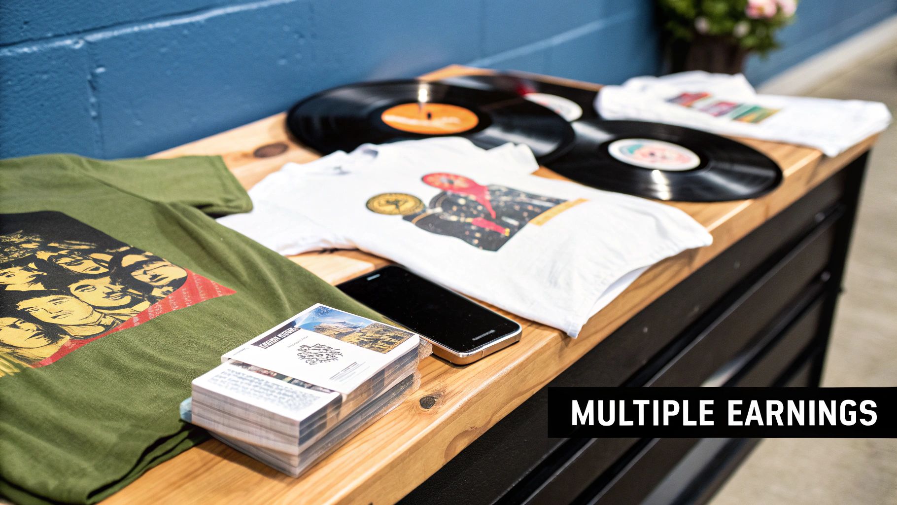 An artist's merchandise, including vinyl records and t-shirts, displayed on a table.