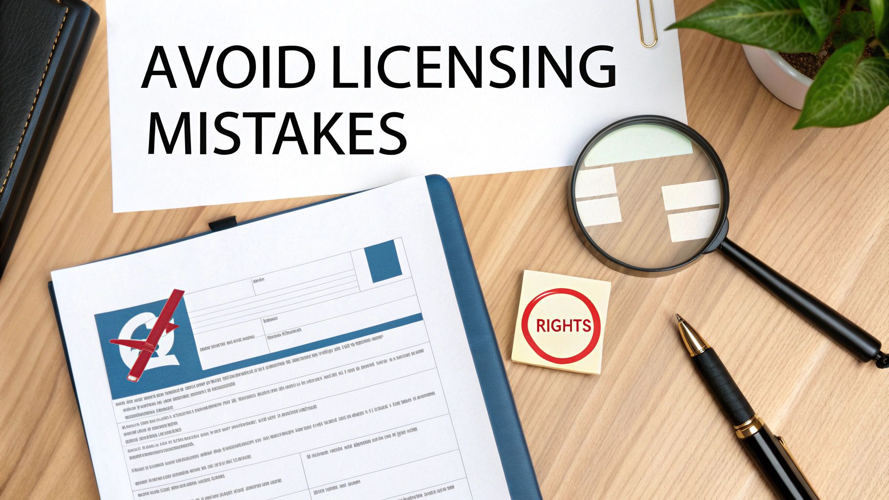A desk setup with 'AVOID LICENSING MISTAKES' paper, 'RIGHTS' sticky note, and legal tools.