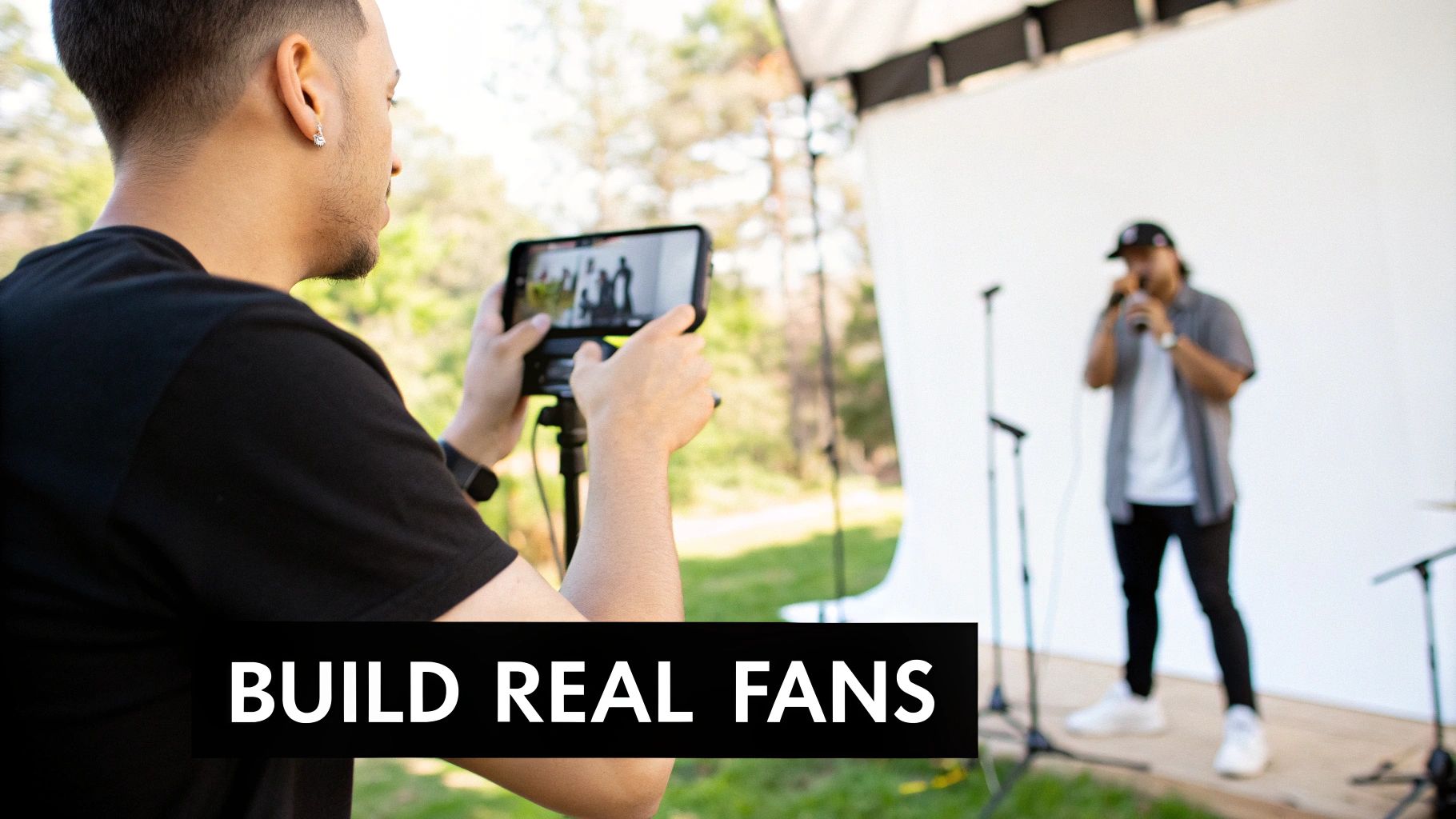 A musician creating engaging video content for their fanbase on a smartphone.