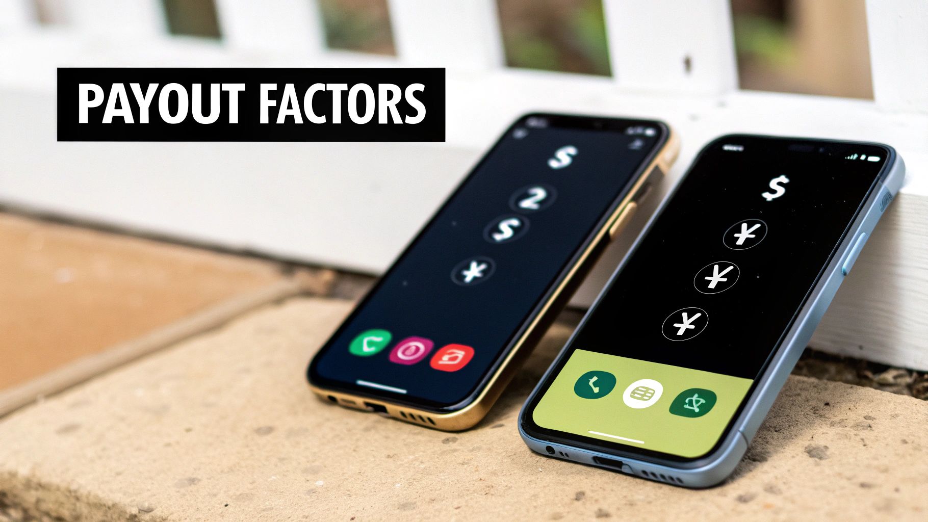 Two smartphones displaying currency symbols and payment apps, with a 'PAYOUT FACTORS' banner.